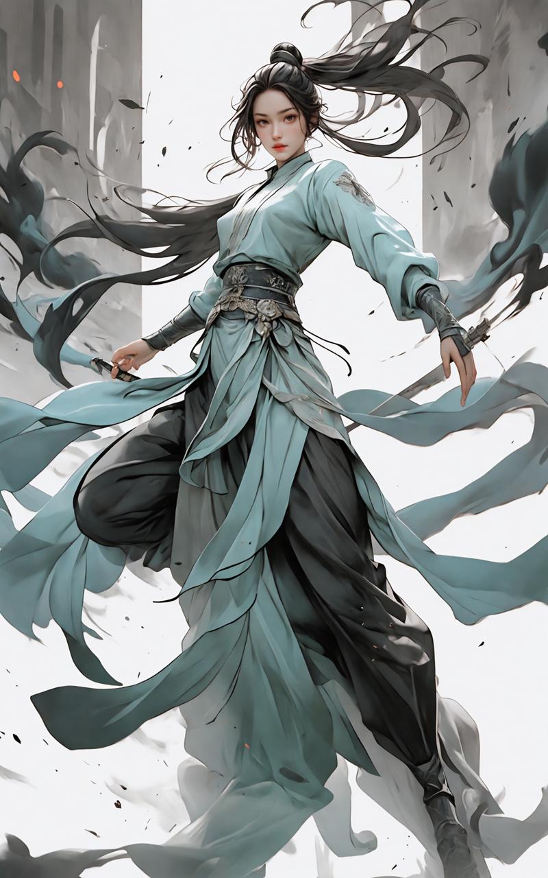 606247209521969568-3769260577-martial, 1girl, solo, simple background,_ustration style, Chinese martial arts war scenes, chinese ink style, martial arts style.jpg